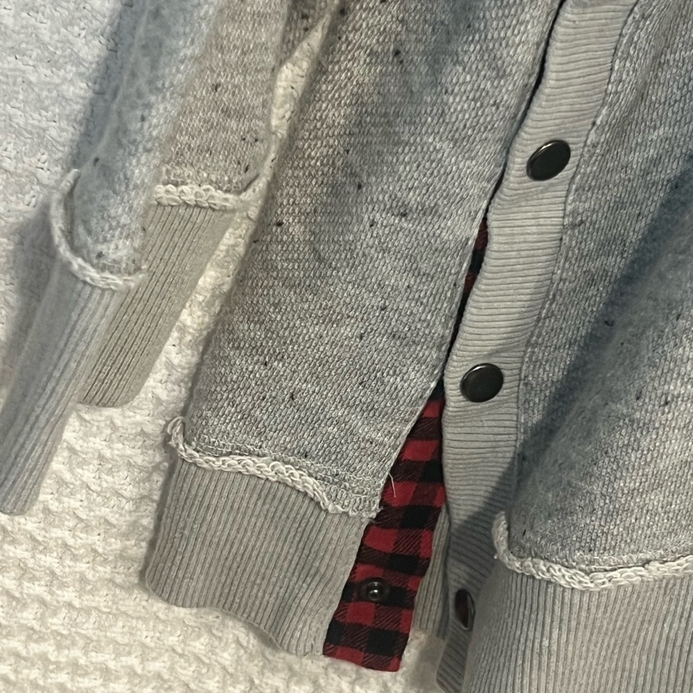 Gray Knit Cardigan with Red Plaid Lining
